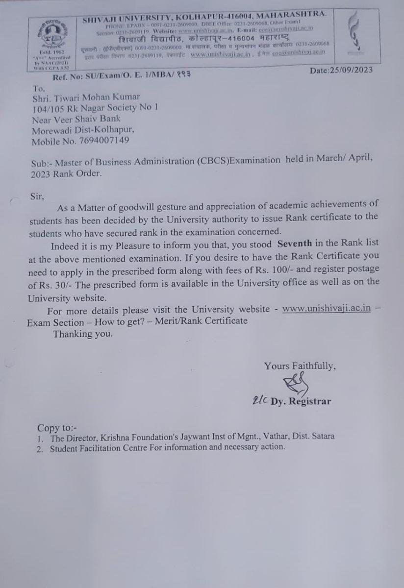 Col. Mohan Kumar Tiwari the student of M.B.A. (2021-2023 batch) secured 7th rank in University Merit Order in MBA CBCS examination held in March / April 2023.